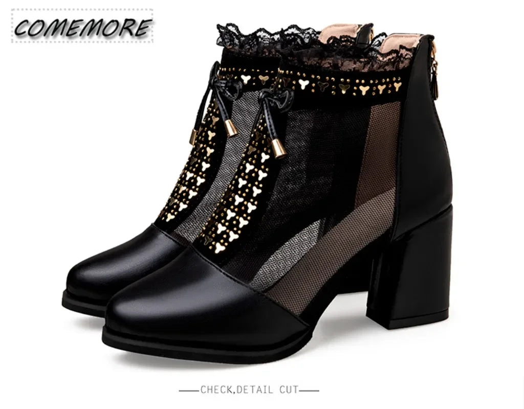 2025 Elegant High Heels Mesh Bow Summer Shoes High Heel Women Sandals Fish Mouth Black Leather Sandal Ankle Boots Luxury Fashion