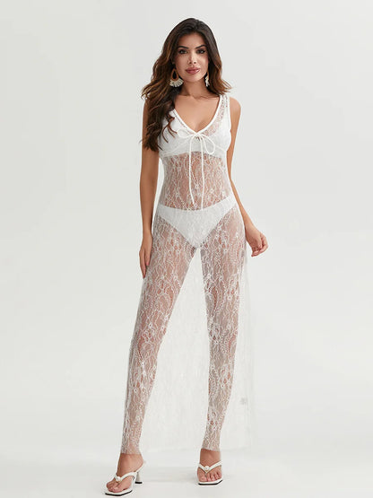 y2k Clothing Women's Sexy See-Through Lace Floral Sheer Tank Dress Summer  Sleeveless V Neck Cover-up Long Dress Streetwear