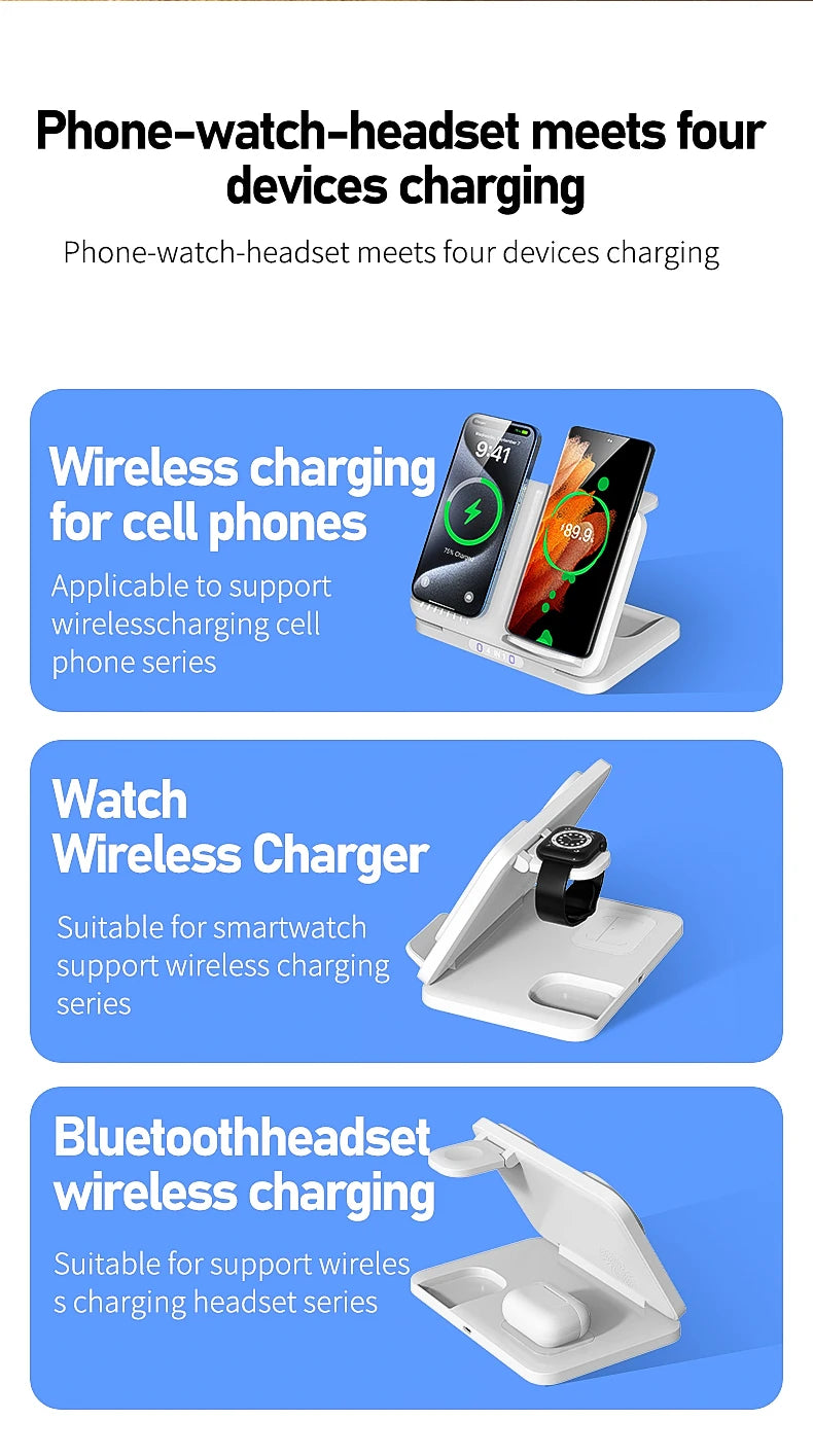 4 in 1 Dual Phone Wireless Charger Stand Magnetic Fast Charging For iPhone 17~12 Samsung S25 Xiaomi Airpods Pro Apple Watch 11~2