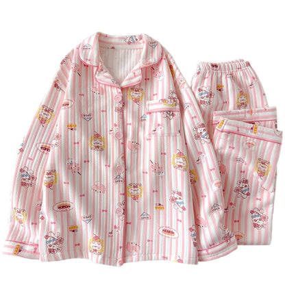Striped Dog Print Korean Casual Loungewear for Women Sweet Cute Lapel Neck Women's Pajamas Set Autumn Winter New 2 PCS Sleepwear