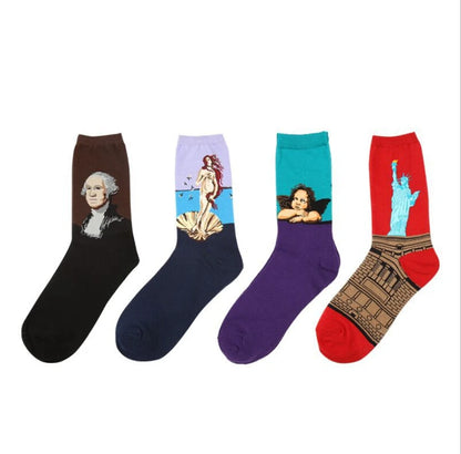 1 Pair Autumn Winter Retro Men Socks Couple Socks New Art Van Gogh Mural World Famous Oil Painting Series Funny Socks