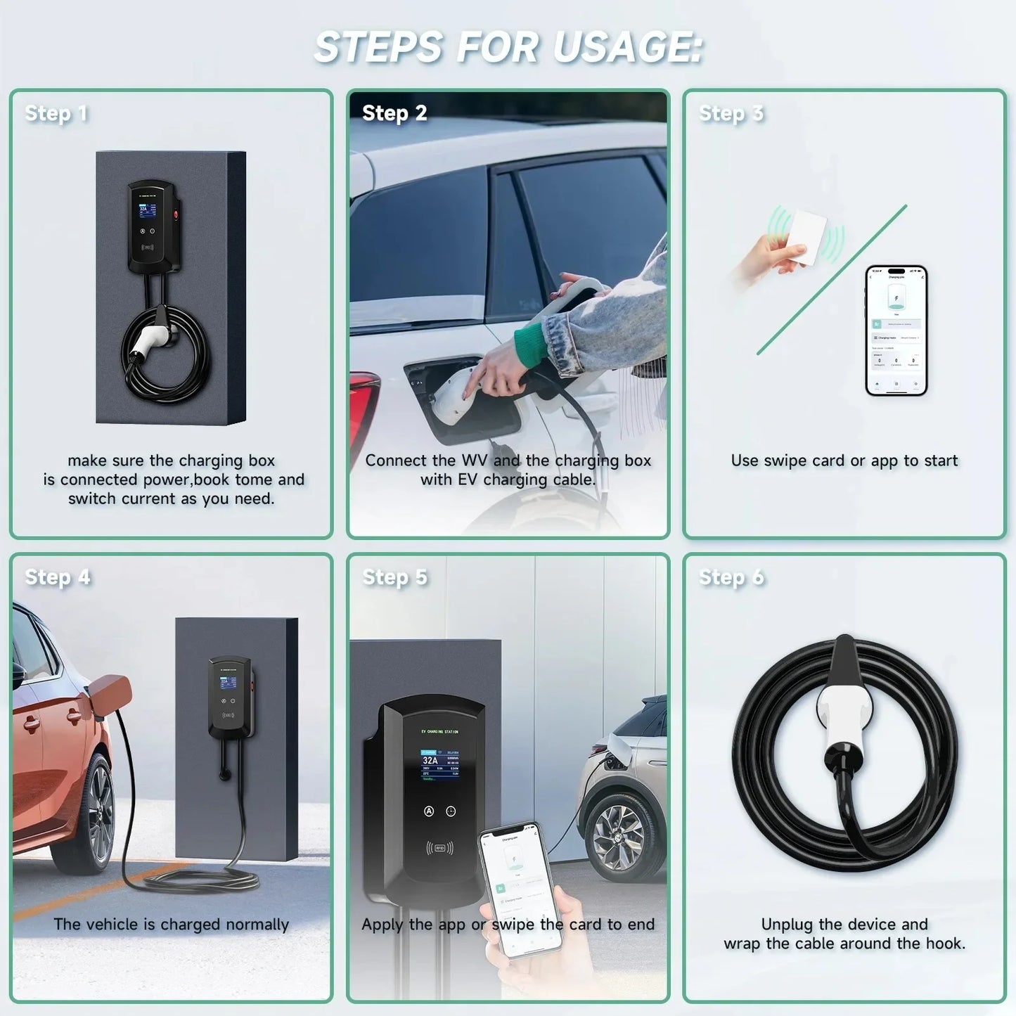 Puppyfc EV Charger 32A 7.6KW Electric Vehicle Car Charger EVSE Wallbox 11KW 22KW 3Phase Type2 5m IEC62196-2 Socket APP Control