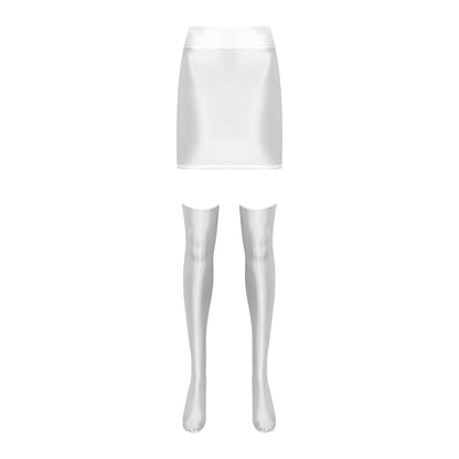 Womens Glossy Nightclub Outfit Shiny High Waist Mini Skirt with Stockings Set Rave Party Cheer Booty Workout Pole Dance Clubwear