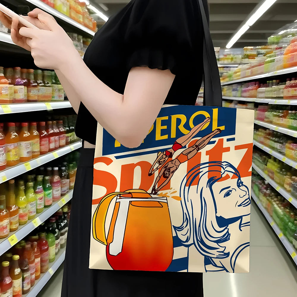 1pc Aperol Spritz Art Print Tote Bag Reusable Fabric Grocery Foldable Shopping Bag
