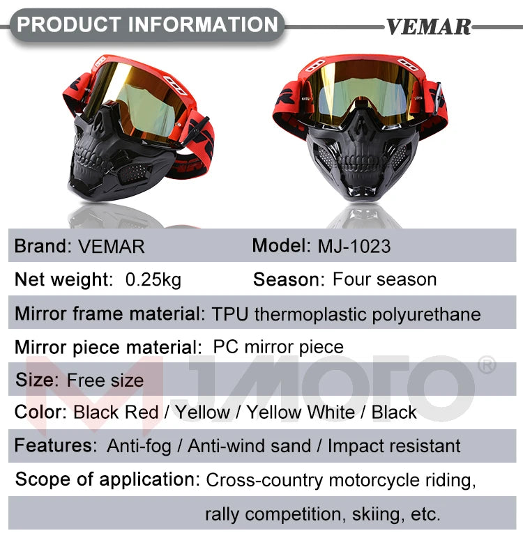 VEMAR Detachable Motorcycle Helmet Goggles Cycling Glasses Man Windproof Dust-proof Motocross Face Mask Goggles Glasses Block UV