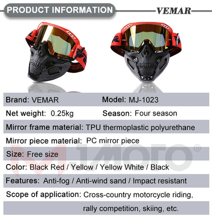 VEMAR Detachable Motorcycle Helmet Goggles Cycling Glasses Man Windproof Dust-proof Motocross Face Mask Goggles Glasses Block UV