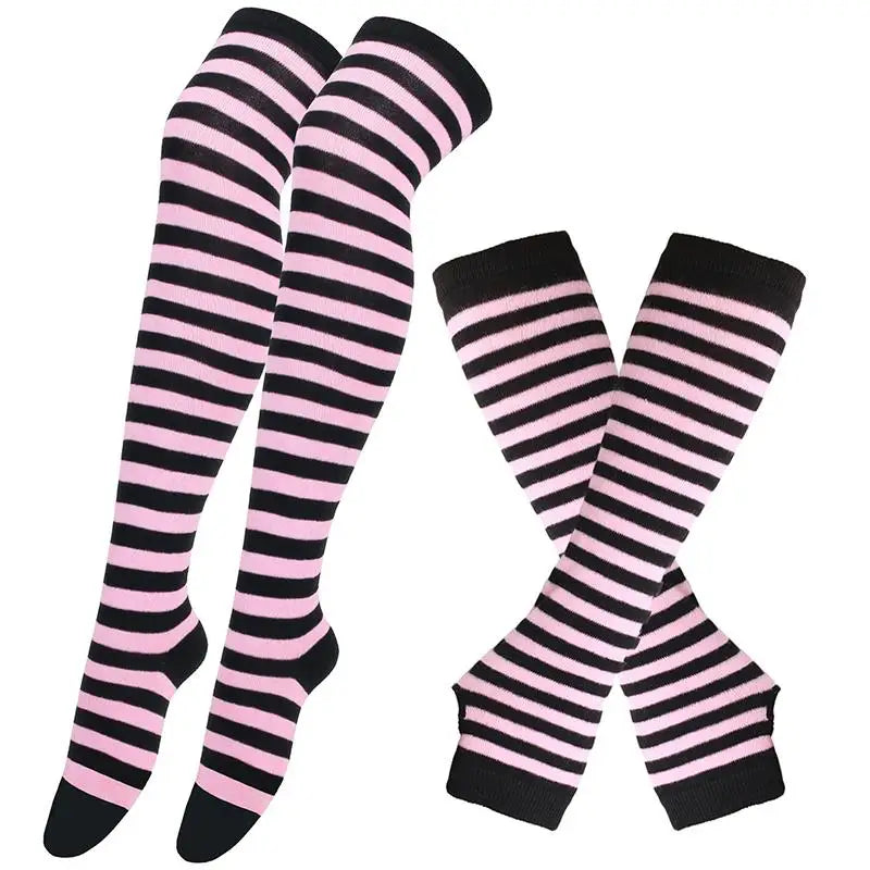2Pair/Set Women Gothic Punk Over Knee Long Stripe Socks Girl Arm Sleeve Gloves Thigh High Cotton Socks Sweet Cute Christmas Gift