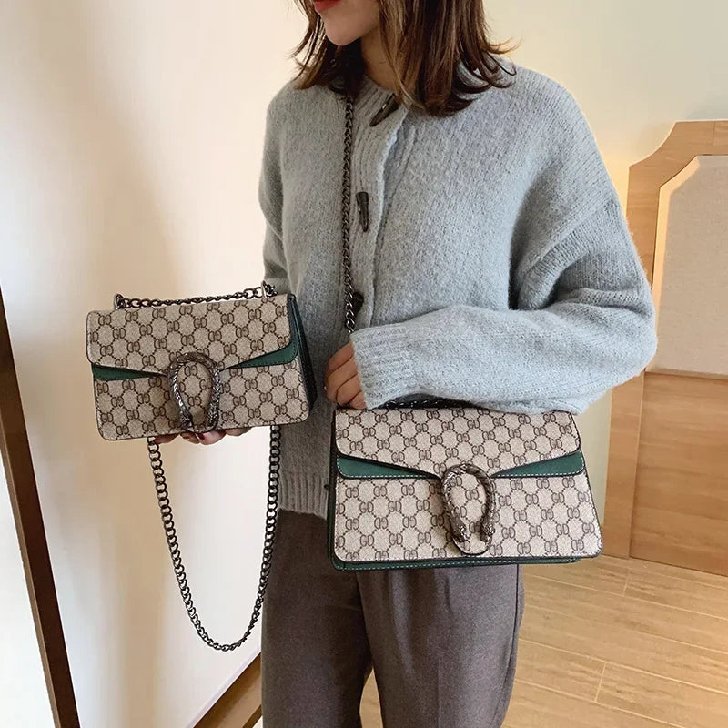 Fashionable Mini Printed Chain Women's Bag Crossbody Shoulder Bag Soft PU Leather Square Shape Bag with Phone Pocket