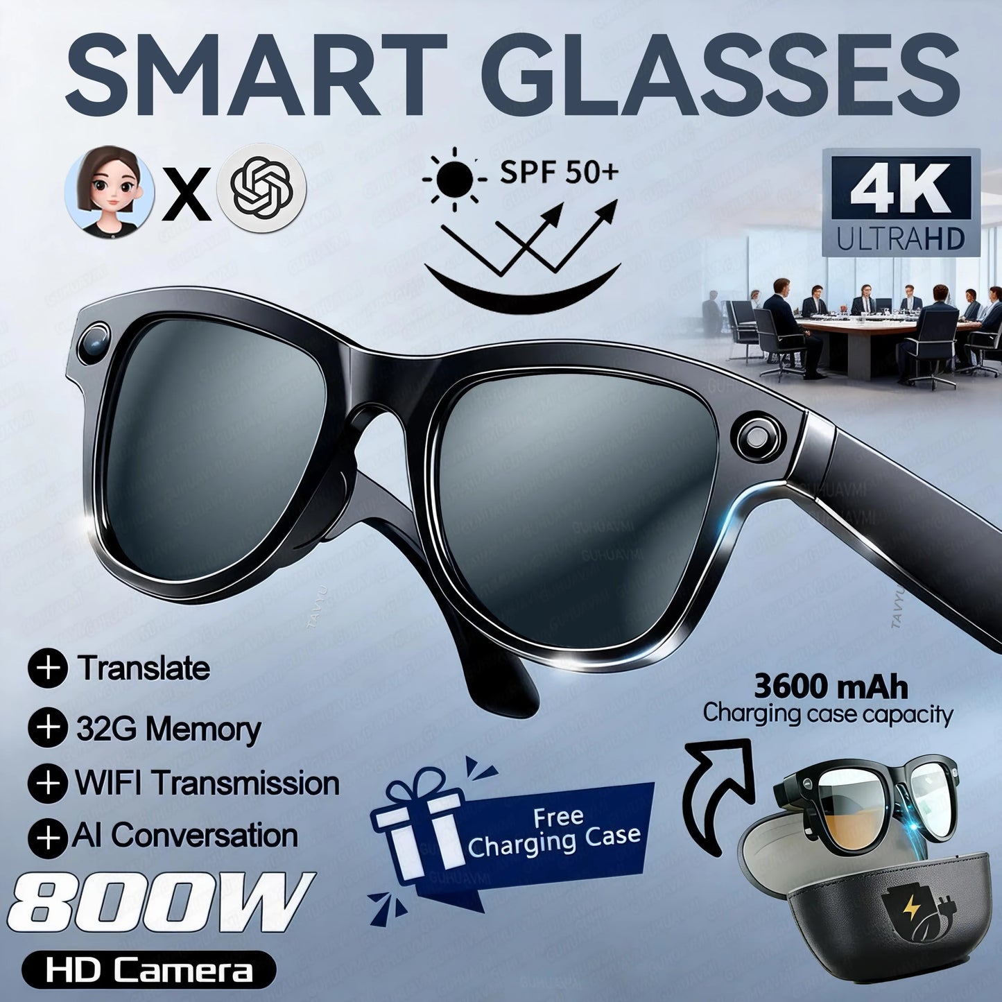 2026New 800W 4K HD Color Change AI Smart Glasses Men Record Video 3600mAh Battery 120+Languages Translation Music Player Glasses