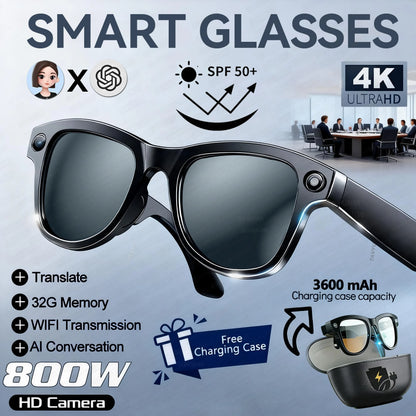 2026New 800W 4K HD Color Change AI Smart Glasses Men Record Video 3600mAh Battery 120+Languages Translation Music Player Glasses