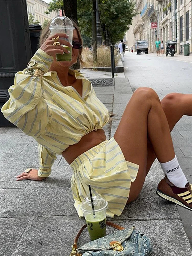 Women's Striped 2 Piece-Set Casual Lapel Long Sleeve Lace-Up Cropped T-Shirt High Waist Shorts 2026 Spring Lady Fashion Outfit