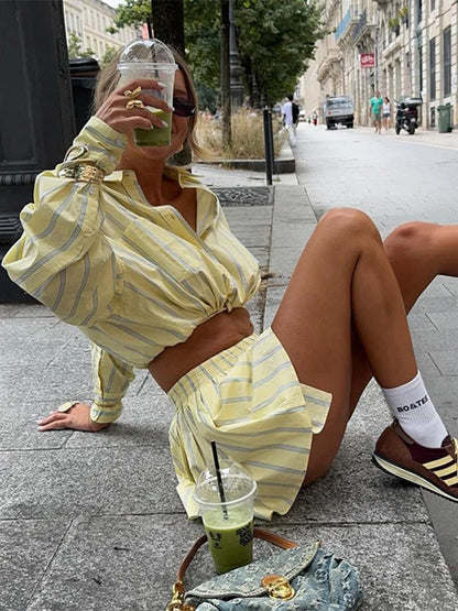 Women's Striped 2 Piece-Set Casual Lapel Long Sleeve Lace-Up Cropped T-Shirt High Waist Shorts 2026 Spring Lady Fashion Outfit