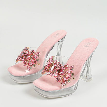 Women Rhinestone Slippers Summer Outside High Heels 2024 New Square Toe Thick Platform Sandals Transparent Shoes Size 43 Mules
