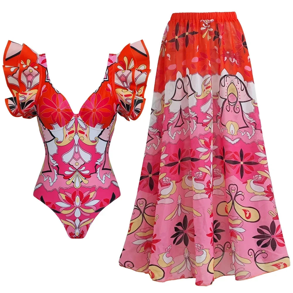 2026 New Sexy Ruffle Bikini Set Printed Brazilian Biquini Women Swimwear Skirt Bathing Suit Girls Summer Beachwear Dress