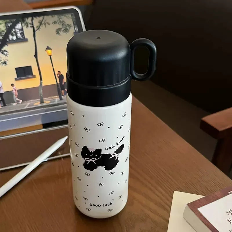 500ml Cartoon Stainless Steel Portable Thermos Cup,Cute Student Water Cup,Outdoor One Cover Dual-use Cup Vacuum Insulated Bottle