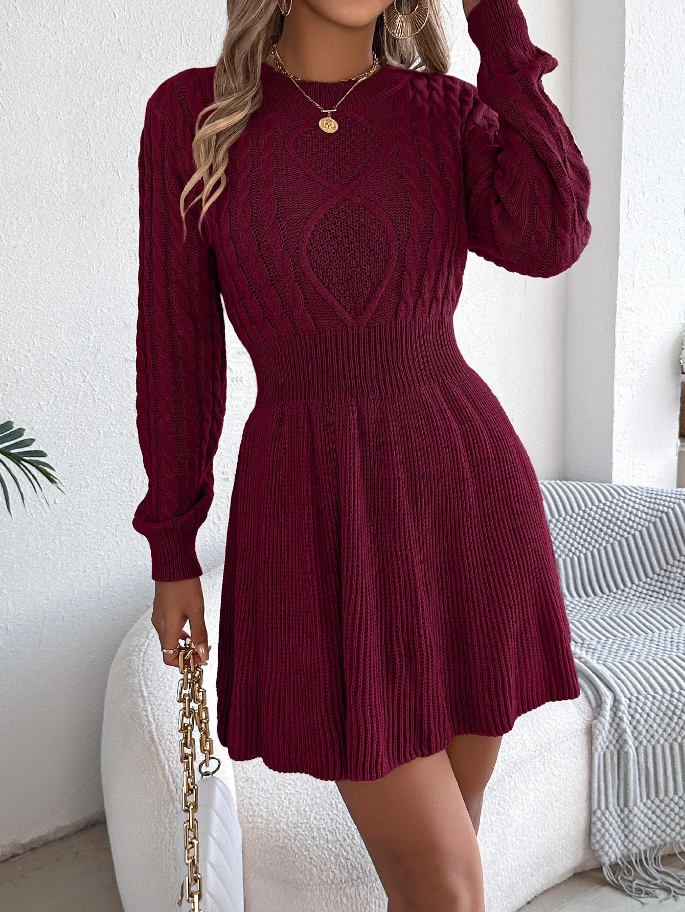 Autumn And Winter 2025 Europe And America Solid Color Fried Dough Twists Waist Lantern Long Sleeve Wool Dress A-line Dress Dress