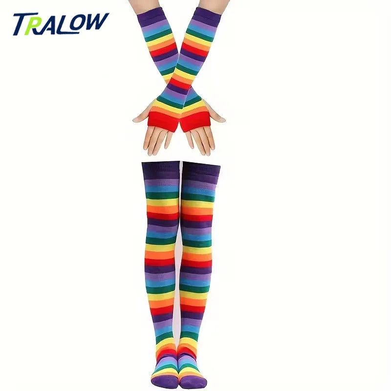 TRALOW Womens Socks Striped Knee High Socks Arm Warmer Fingerless Gloves Set Costume Accessories for Cosplay Christmas Punk