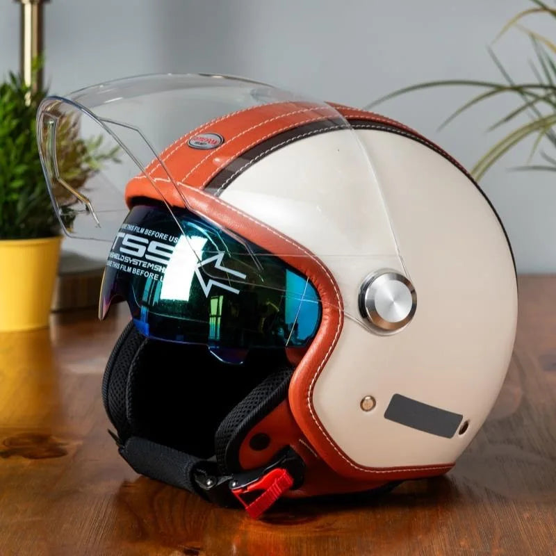 DOT Open Face Motorcycle Helmets Double Visor Retro Jet Helmet Leather Vintage Men Women 3/4 Open Half Helmet with Inner Lens