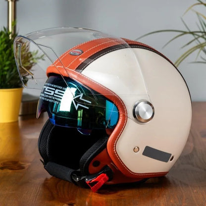 DOT Open Face Motorcycle Helmets Double Visor Retro Jet Helmet Leather Vintage Men Women 3/4 Open Half Helmet with Inner Lens