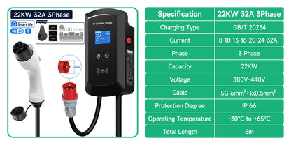 Puppyfc 7.6KW/11KW/22KW 3Phase EV Charging Station GBT 20234 Electric Car Charger EVSE Wallbox WiFi Bluetooth APP Remote Control