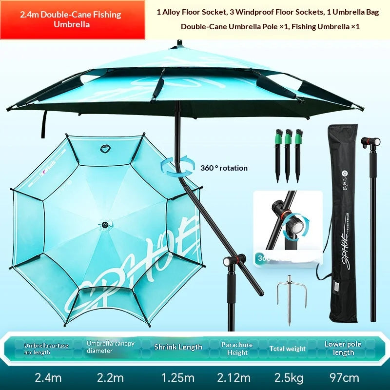 Heavy Duty Fishing Umbrella Thick UV Sunshade Three Fold Large Double Pole Beach Patio Camping Umbrella Base Included Outdoor