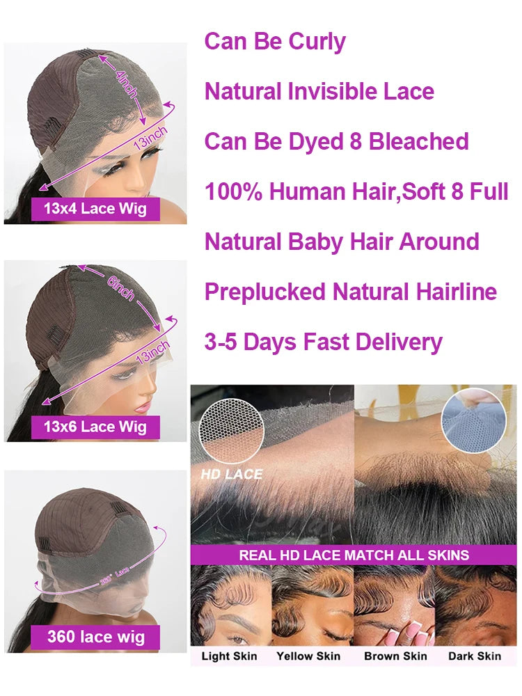 40 46 Inch Hd Transparent Lace Wig 13x6 13x4 Bone Straight Human Hair Brazilian 360 Full Lace Frontal Wigs For Women 300 Density