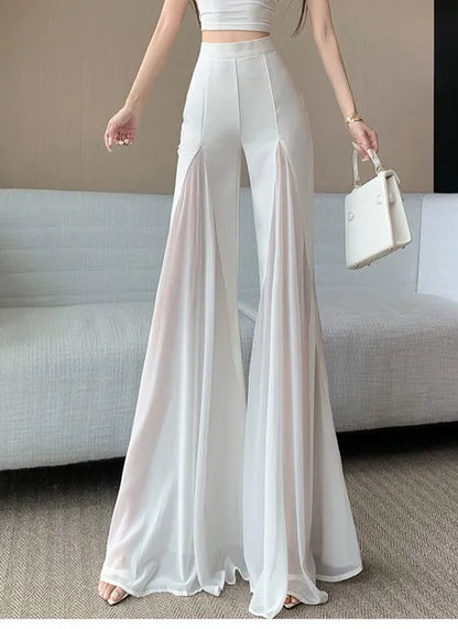 White mesh fishtail flared pants women summer thin design high waist hanging feeling elegant chiffon wide leg casual pants