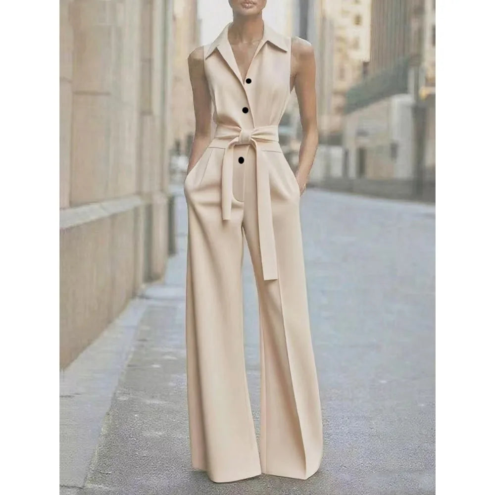 Sleeveless Lapel Jumpsuit Women's Fashion Button Down Shirt Collar Solid Color Wide Leg Commuting Office With Pocket Jumpsuit