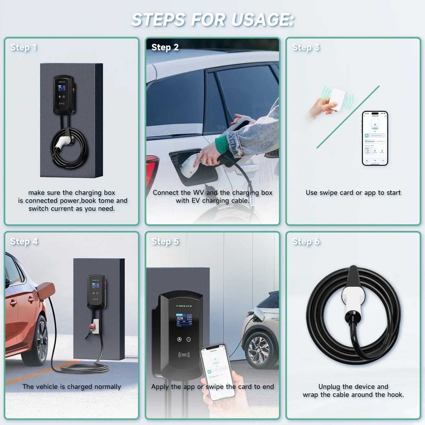 Puppyfc EV Charger 32A 7.6KW Electric Vehicle Car Charger EVSE Wallbox 11KW 22KW 3Phase Type2 5m IEC62196-2 Socket APP Control