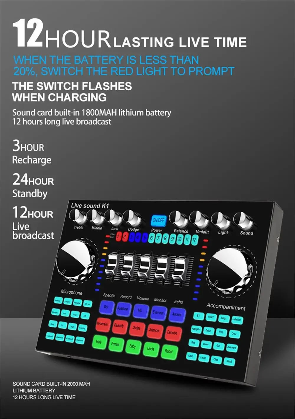 K1 Professional Live Sound Card Audio Mixer DJ Equipment Sound Card Effects Processors for Music Karaoke Recorder Live Broadcast