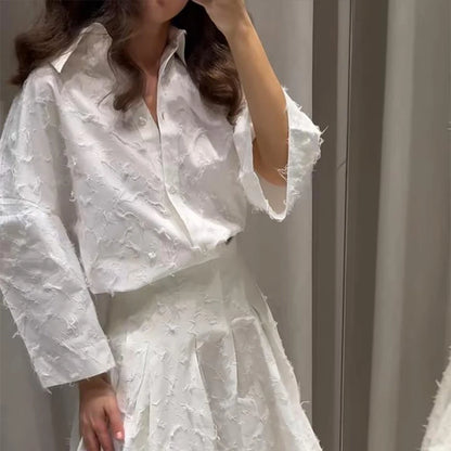 Elegant Fringe Skirts Sets 2 Pieces Women Lapel Buttons Long Sleeve Blouses Pleated A-line Long Skirts 2025 Summer Chic Outfits