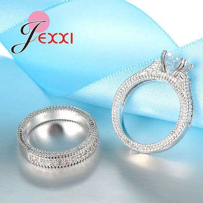 Genuine 925 Sterling Silver Ring Sets 2 PCS Bijoux Full African AAA Crystal Heart Stone Rings Romantic Wedding Best Chioce