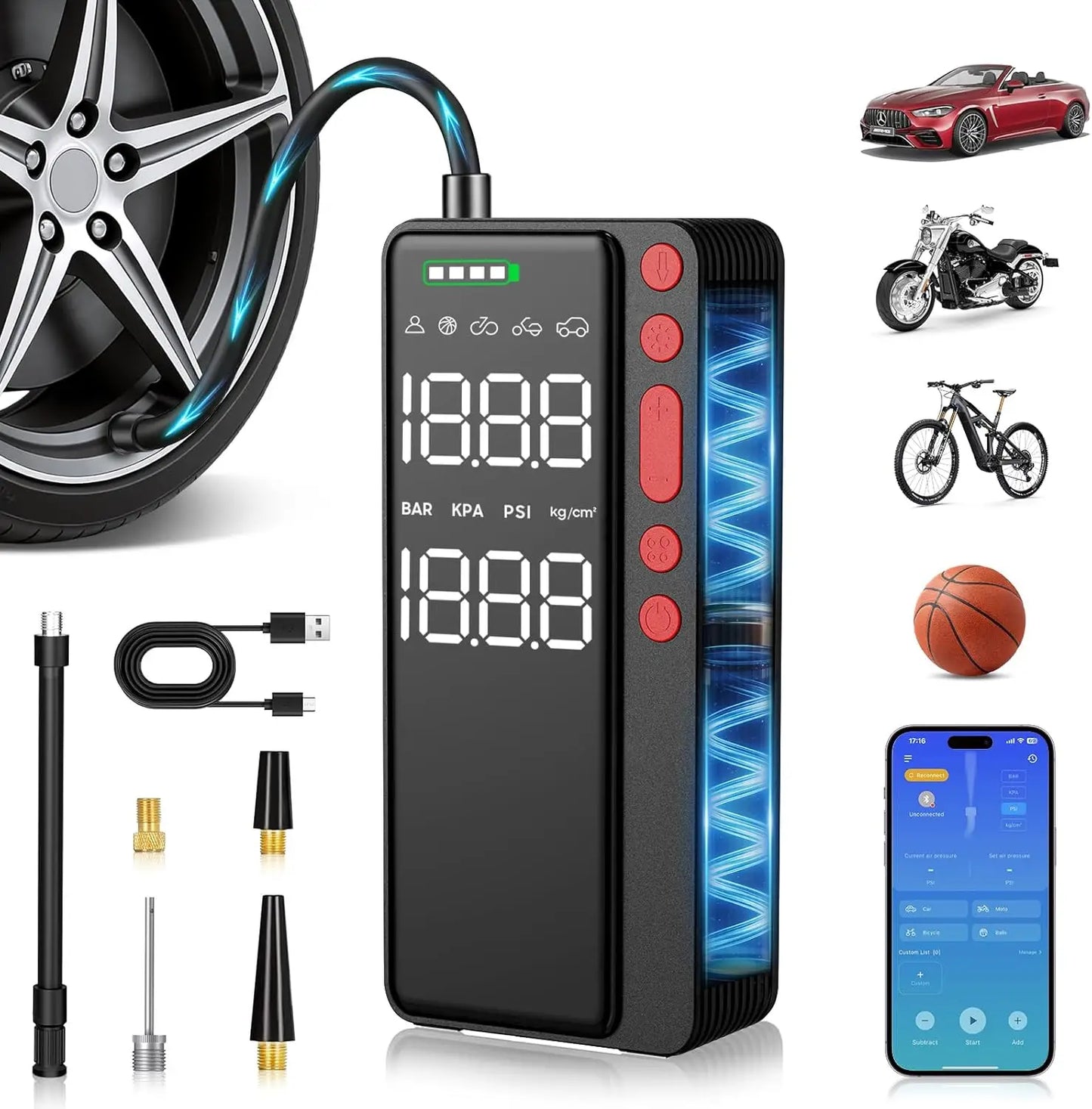 Smart Tire Inflator Portable Air Compressor, APP Control for Car Tires, 10000mAh Fast Pump with LED Light & Auto Shut-Off