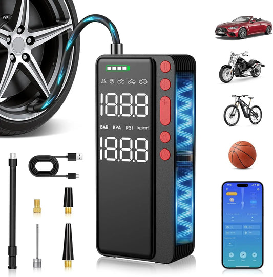 Smart Tire Inflator Portable Air Compressor, APP Control for Car Tires, 10000mAh Fast Pump with LED Light & Auto Shut-Off