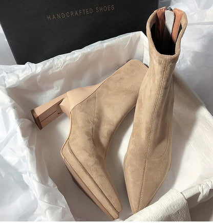 Square High Heel Women Ankle Boots Fashion Zippers Shoes Retro Style Autumn Winter Pointed Toe Ladies Dancing Party Prom Shoes