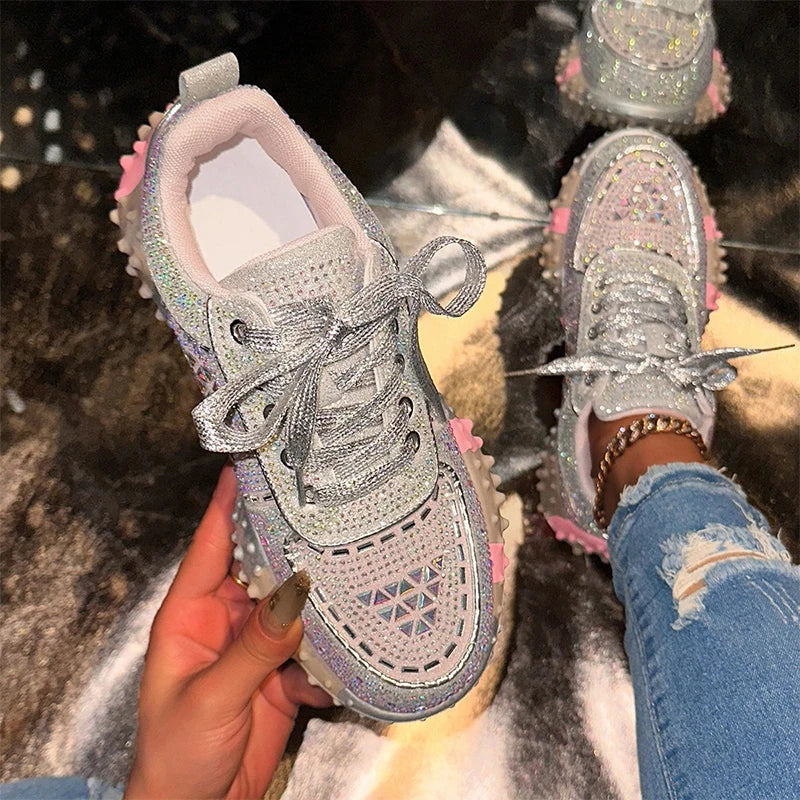 Women's Sport Shoes Crystal Sneakers Casual Flats Platform Shoes Woman 2025 Designer Brand Hiking Running Shoes Mujer