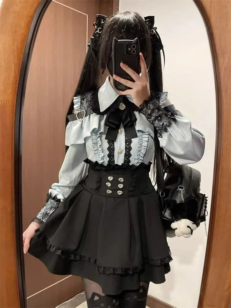 Gothic Women's Clothing Shirt Long Sleeve Lolita Blouse Japanese Bow Tie Sweet Cute Tops Design Streetwear Y2k Retro Blouse New