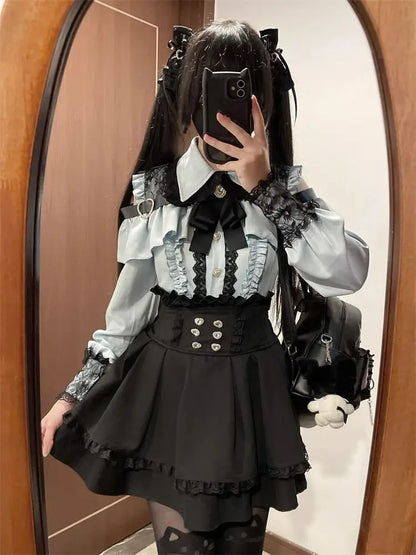 Gothic Women's Clothing Shirt Long Sleeve Lolita Blouse Japanese Bow Tie Sweet Cute Tops Design Streetwear Y2k Retro Blouse New