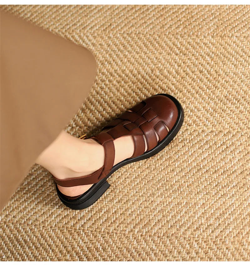 2023 Women Sandals Retro Genuine Leather Luxury Roman Sandals Casual Buckle Strap Summer Shoes GLADIATOR Thick Heel Women Shoes