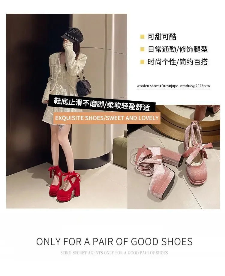 Platform Mary Janes Shoes Women Suede Luxury High Heel Lace Up Trend Lolita Shoes Elegant Chunky Party Pumps Zapatos De Mujer