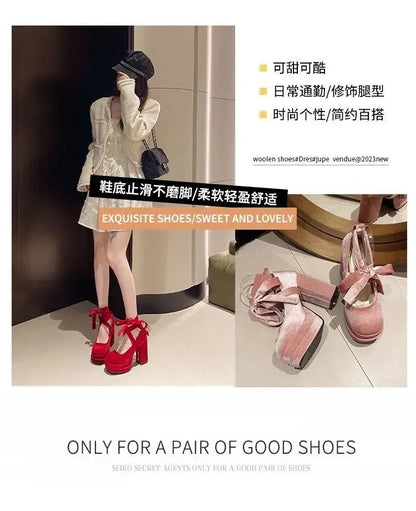 Platform Mary Janes Shoes Women Suede Luxury High Heel Lace Up Trend Lolita Shoes Elegant Chunky Party Pumps Zapatos De Mujer