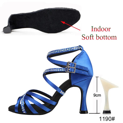 New Latin Dance Shoes Salsa Tango Ballroom Party Women's Shoes High Heeled Rhinestones Bronze Blue Girls Summer Sandals Outdoor