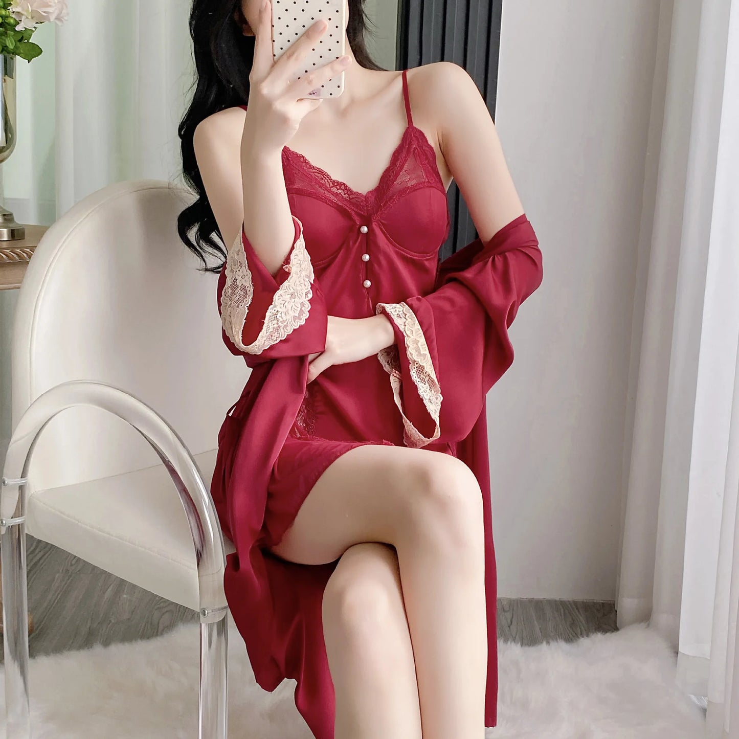 Female Nighty&Robe Set Lingerie Sexy Lace Trim Nightgown Sleepwear Spring Summer Kimono Gown Bathrobe Loose Homewear Pajama