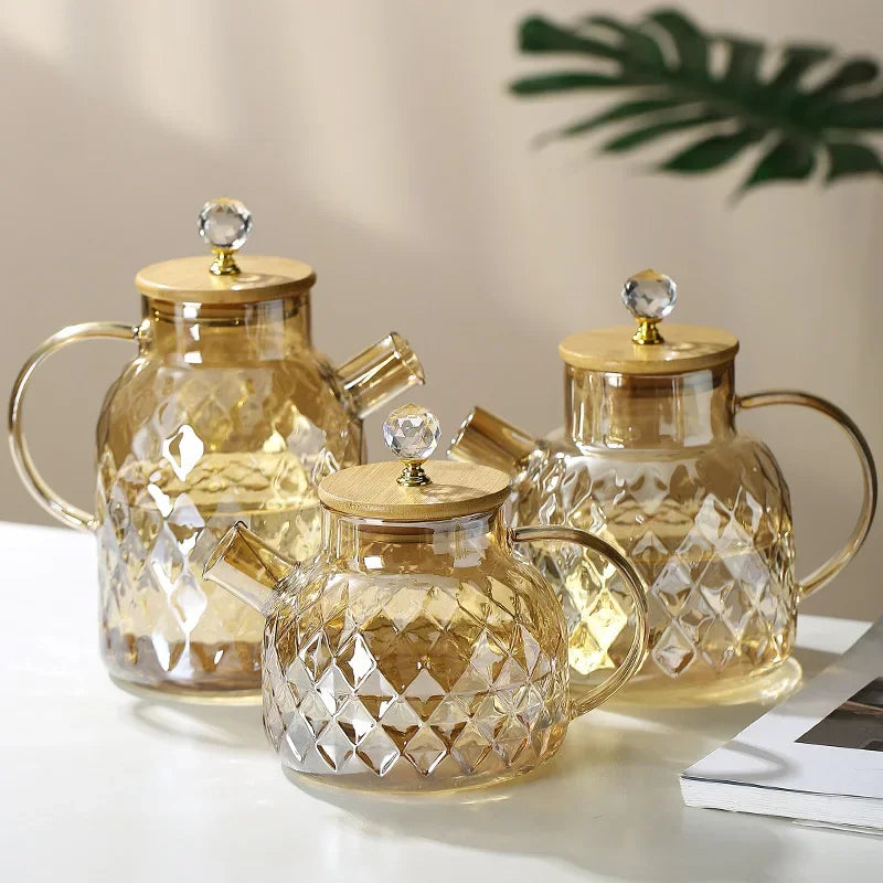 Glass Tea Kettle With Bamboo Lid And Removable Filter Spout Champagne Teapot For Loose Leaf Blooming Tea And Fruit Tea 1/1.8L