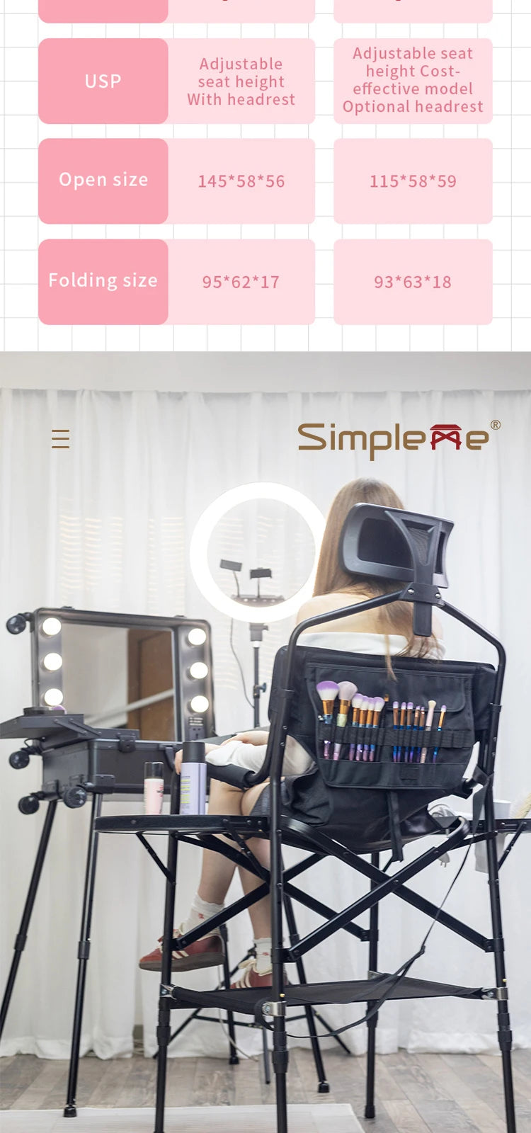 Simpleme Lightweight Aluminum Portable Folding Tall Director Adjustable High Makeup Artist Chair With Headrest