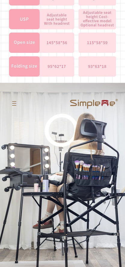 Simpleme Lightweight Aluminum Portable Folding Tall Director Adjustable High Makeup Artist Chair With Headrest