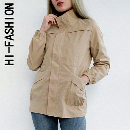 HI-FASHION Women Double Layer Windbreaker Autumn Casual Slim Coat Fashion Plus Size 4Xl Stand-Up Collar Ladies Jacket