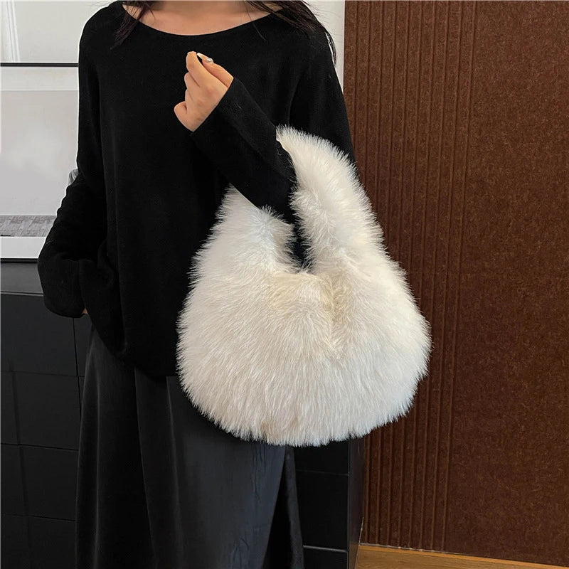 Winter Shoulder Bags Casual Furry for Women Solid Color Soft Plush Ladies Clutch Purse Handbags Lightweight Female Hobos Bag