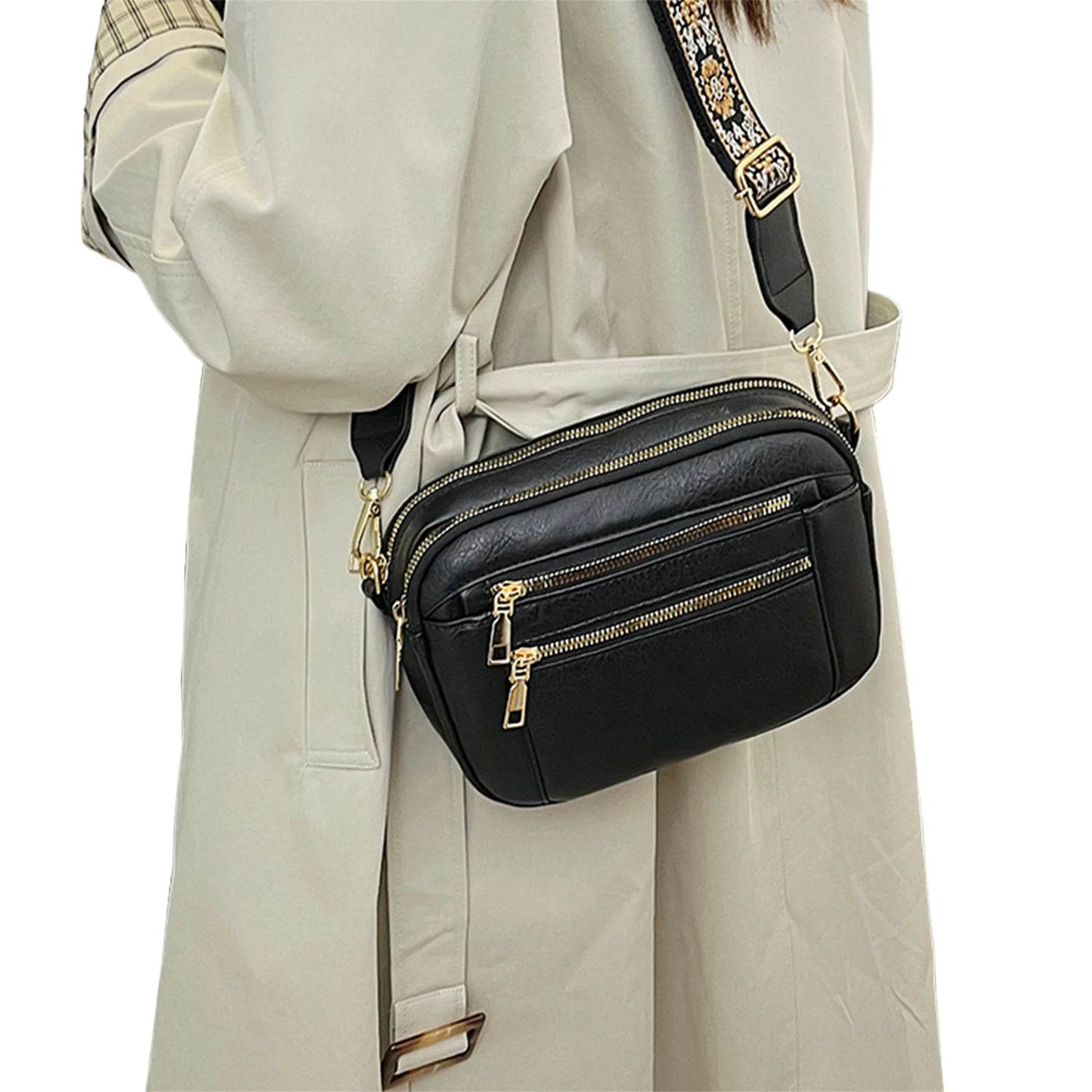 casual Shoulder Bags Women Zipper Stylish PU Texture black white brown Crossbody Bag for women 2025
