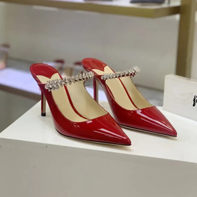 2025 New Fashionable Fine Heeled Muller Shoes with Pointed Water Diamond Chain Banquet Shallow Mouth Women's High Heel Sandals
